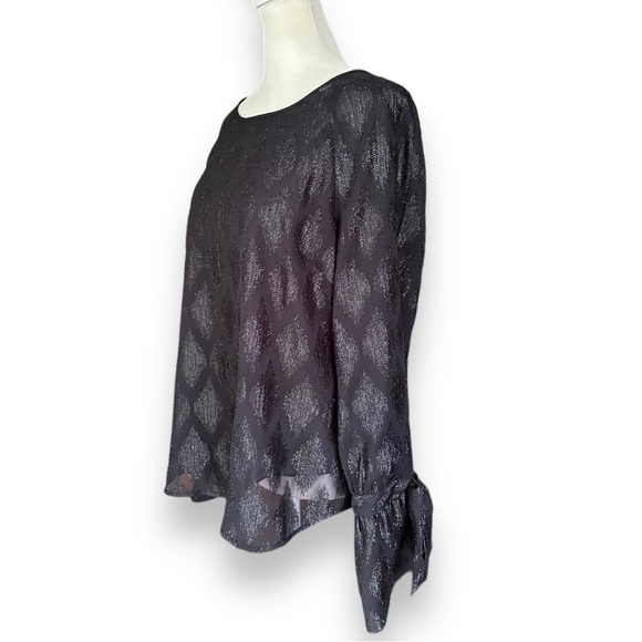 HALOGEN Sheer Black Metallic Diamond Brocade Sheer Long Sleeve Blouse | Size S - Picture 3 of 14